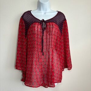 Merien Hall Red & Navy Sheer Bohemian Floral Print Bell Sleeve Peasant Top Sz18